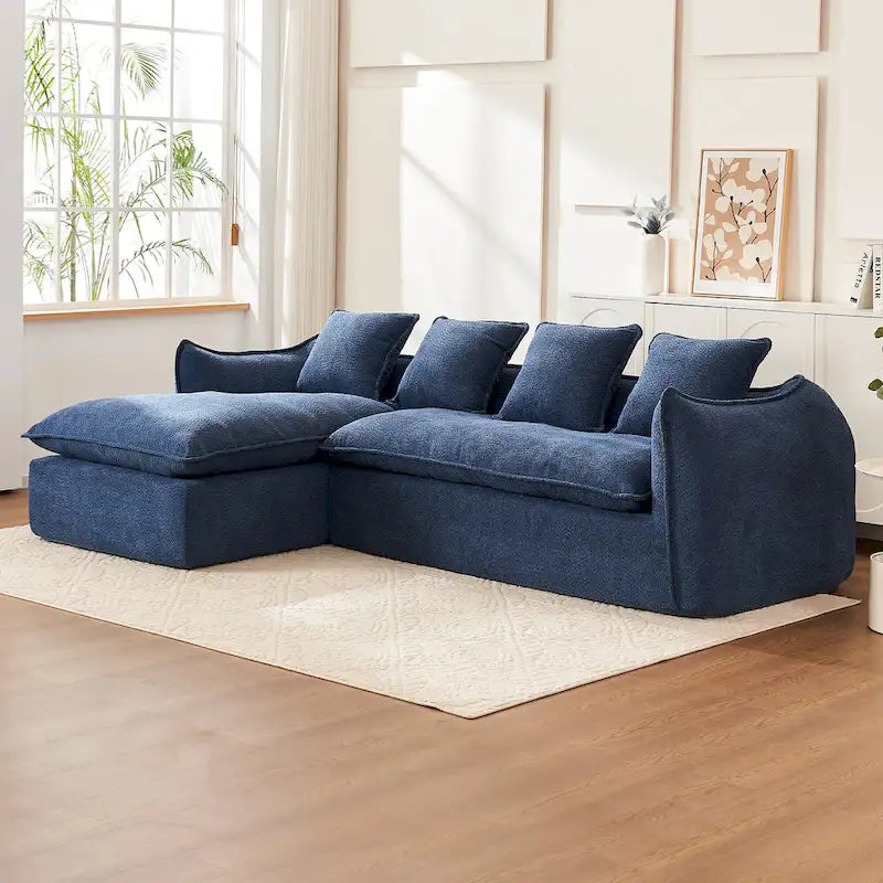Blue 106.3 Oversized L-Shaped 3-Seater Sectional Sofa with Chaise, 4 Decorative Pillows, and Stylish Modular Build