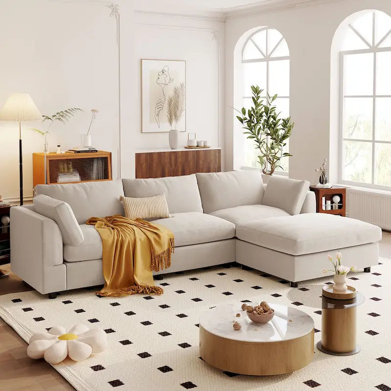Divano Sezionale Angolare a 4 Posti Beige 113 con Poggiapiedi Regolabile e Chaise Reversibile