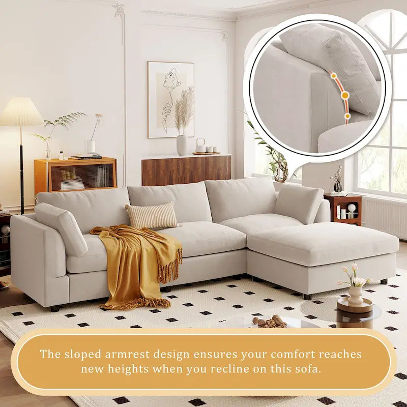 Divano Sezionale Angolare a 4 Posti Beige 113 con Poggiapiedi Regolabile e Chaise Reversibile
