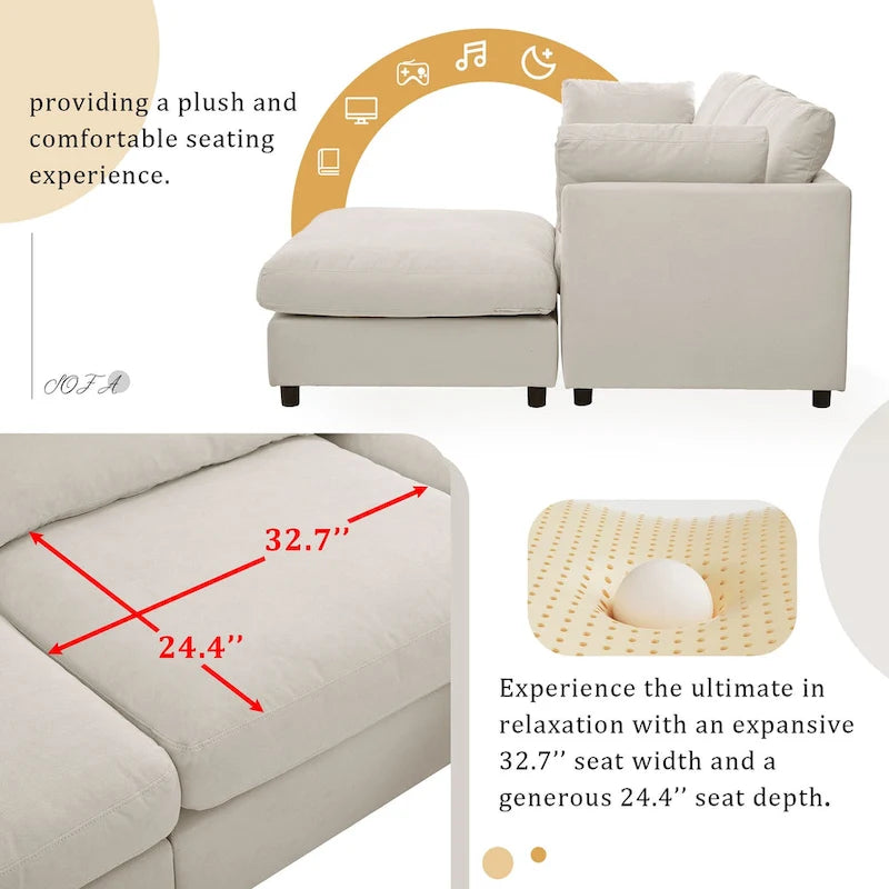 Divano Sezionale Angolare a 4 Posti Beige 113 con Poggiapiedi Regolabile e Chaise Reversibile