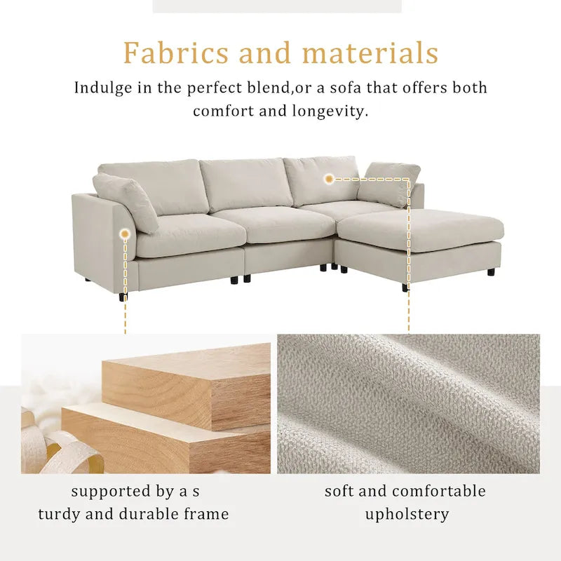 Divano Sezionale Angolare a 4 Posti Beige 113 con Poggiapiedi Regolabile e Chaise Reversibile
