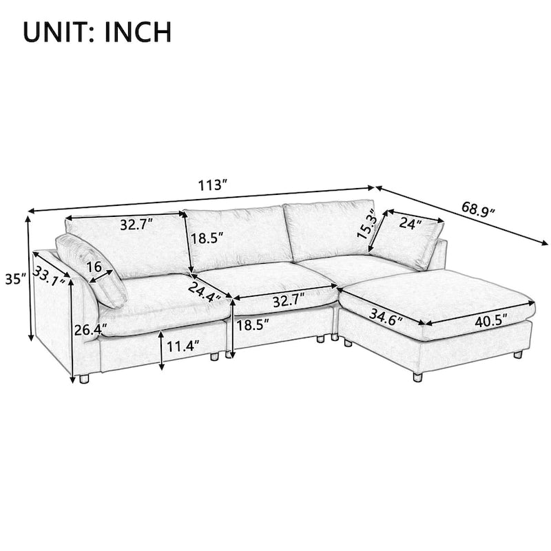 Divano Sezionale Angolare a 4 Posti Beige 113 con Poggiapiedi Regolabile e Chaise Reversibile