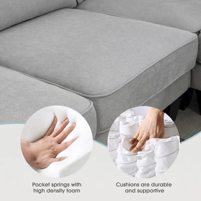 Grey 108 Spacious U-Shaped 7-Seater Sofa Set with 3 Pillows and Chaise, Ideal for Living Room or Apartment