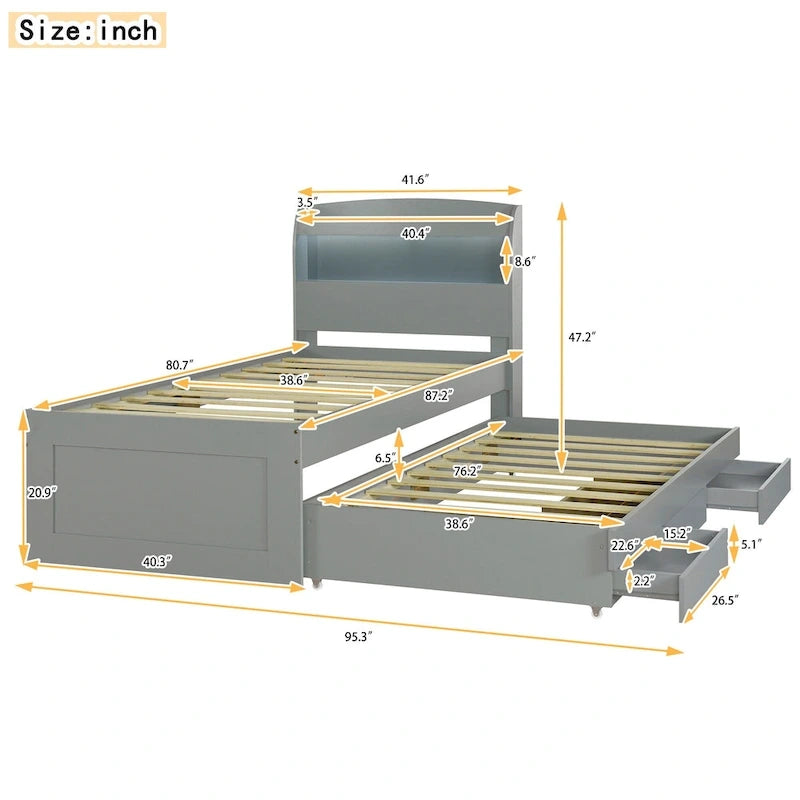 Twin XL Platform Bed with LED Headboard & Drawers