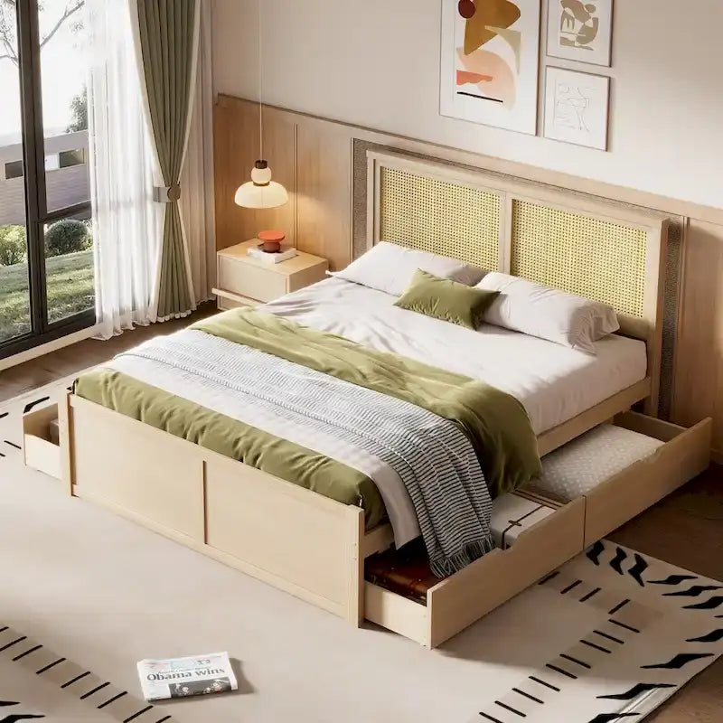 Wood Storage Platform Bed with 4 Drawers & Rattan Headboard