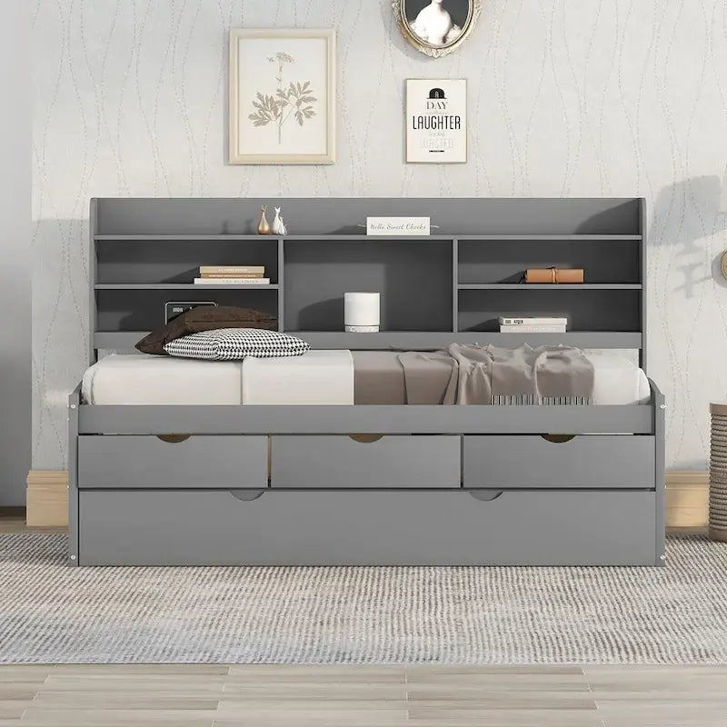 Twin Pine Captain Bed with Shelves, Drawers & Trundle