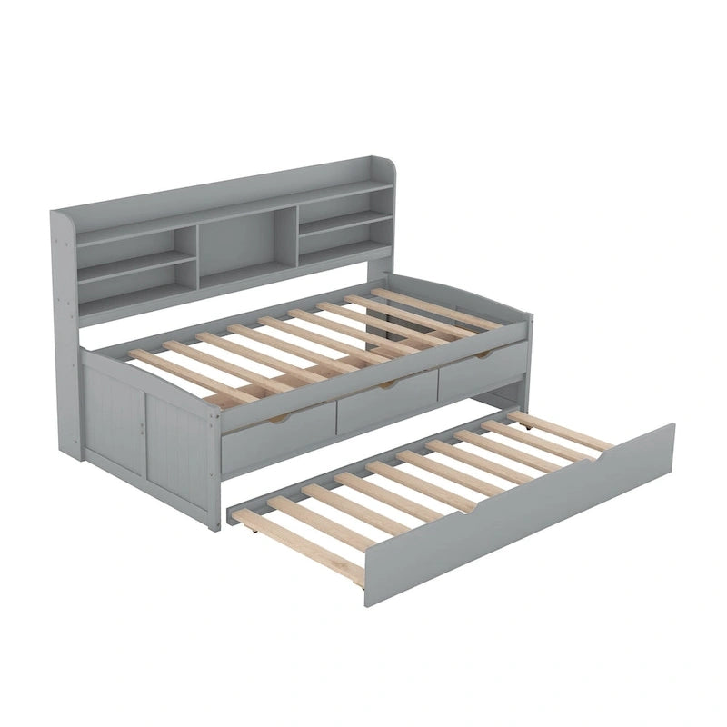 Twin Pine Captain Bed with Shelves, Drawers & Trundle