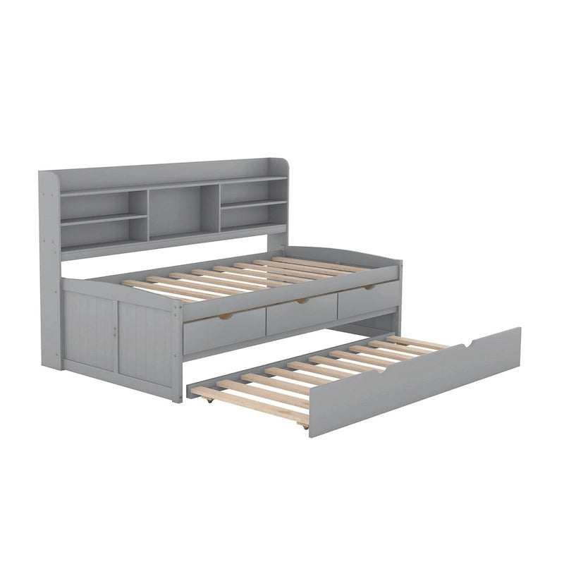 Twin Pine Captain Bed with Shelves, Drawers & Trundle