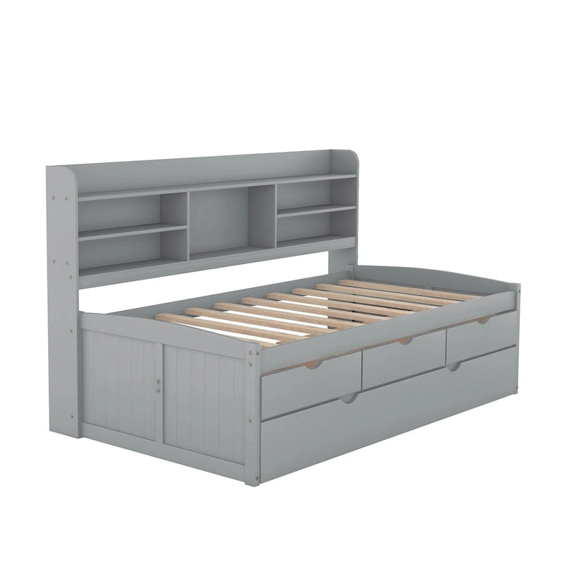 Twin Pine Captain Bed with Shelves, Drawers & Trundle
