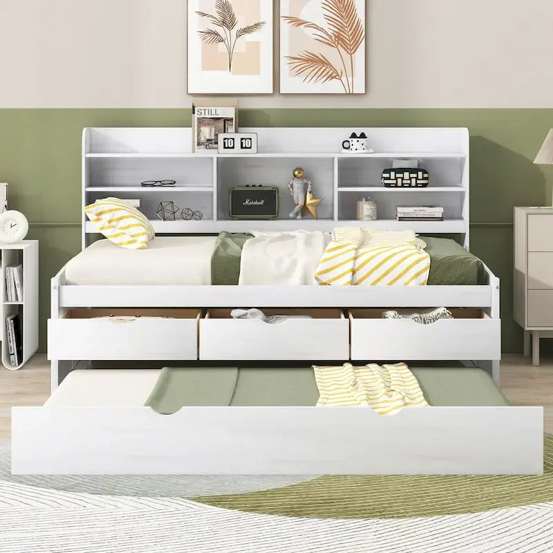Twin Pine Captain Bed with Shelves, Drawers & Trundle