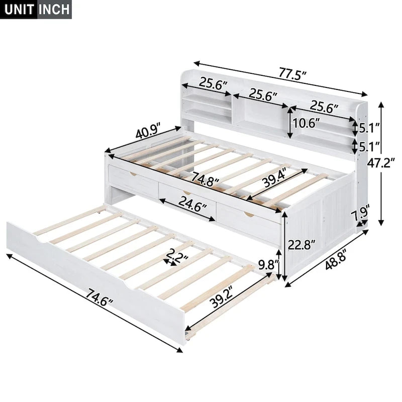 Twin Pine Captain Bed with Shelves, Drawers & Trundle