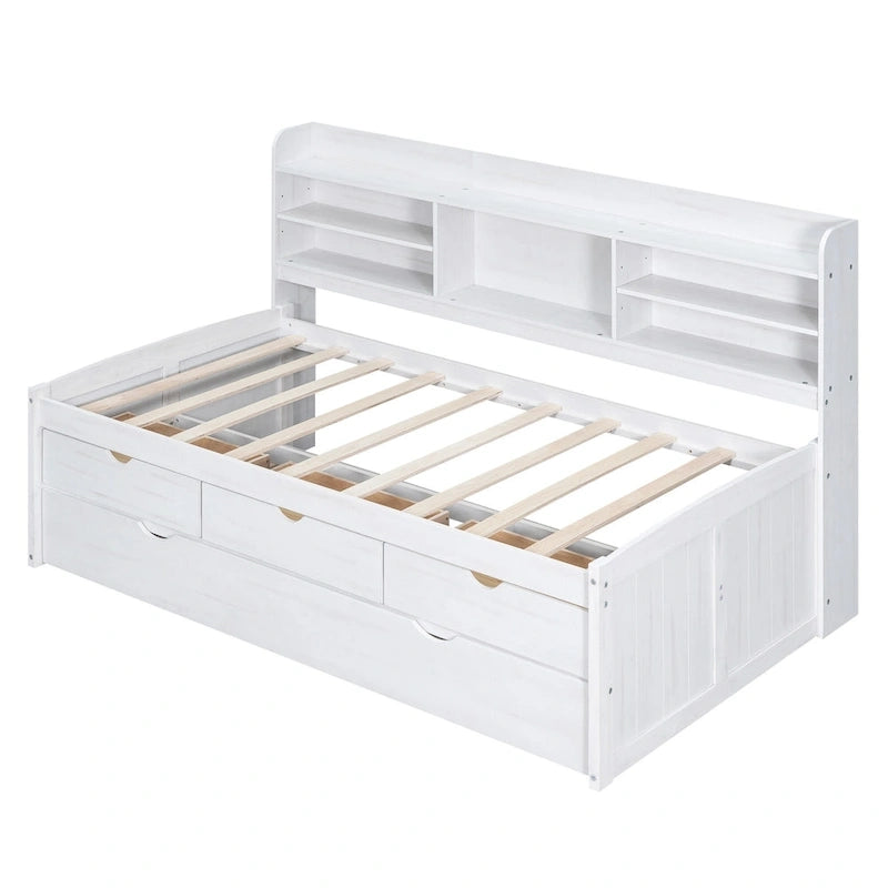 Twin Pine Captain Bed with Shelves, Drawers & Trundle