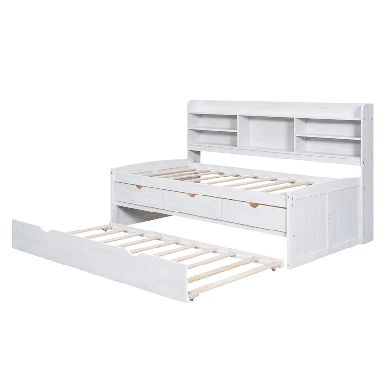 Twin Pine Captain Bed with Shelves, Drawers & Trundle