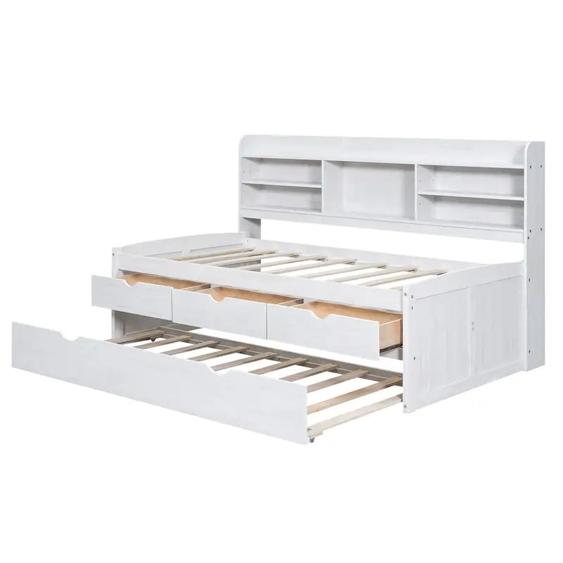 Twin Pine Captain Bed with Shelves, Drawers & Trundle