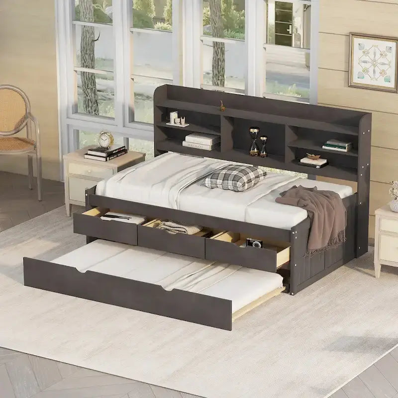 Twin Pine Captain Bed with Shelves, Drawers & Trundle