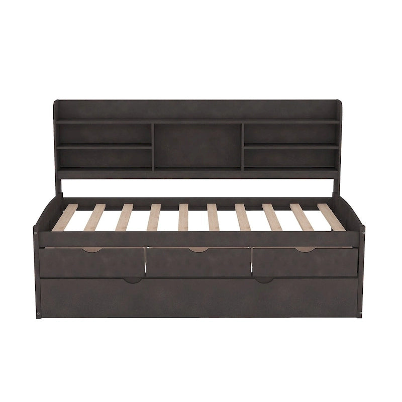 Twin Pine Captain Bed with Shelves, Drawers & Trundle