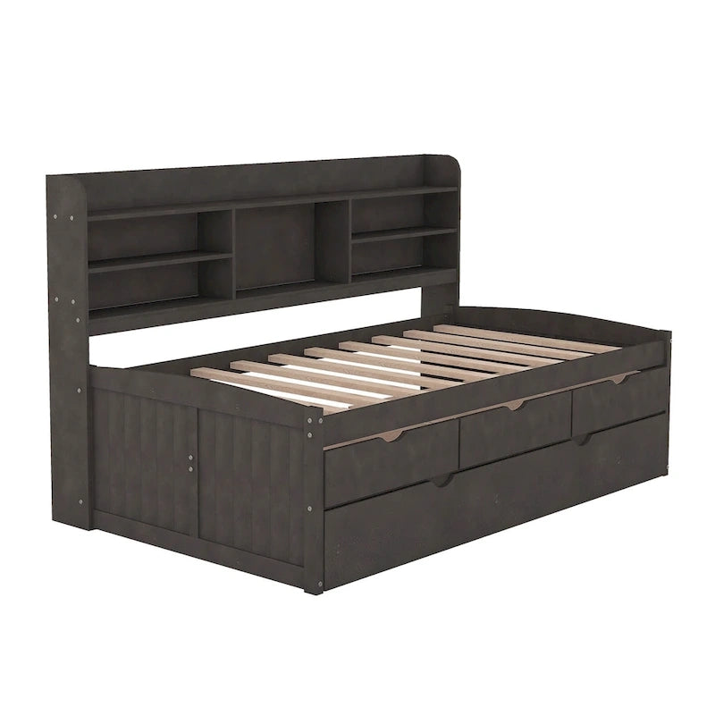 Twin Pine Captain Bed with Shelves, Drawers & Trundle