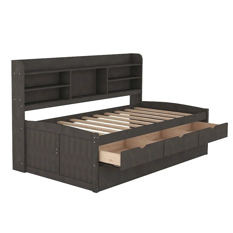 Twin Pine Captain Bed with Shelves, Drawers & Trundle