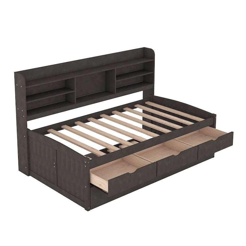 Twin Pine Captain Bed with Shelves, Drawers & Trundle