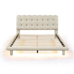Queen Size Velvet Upholstered Platform Bed Frame with LED Light & Biscuit Headboard