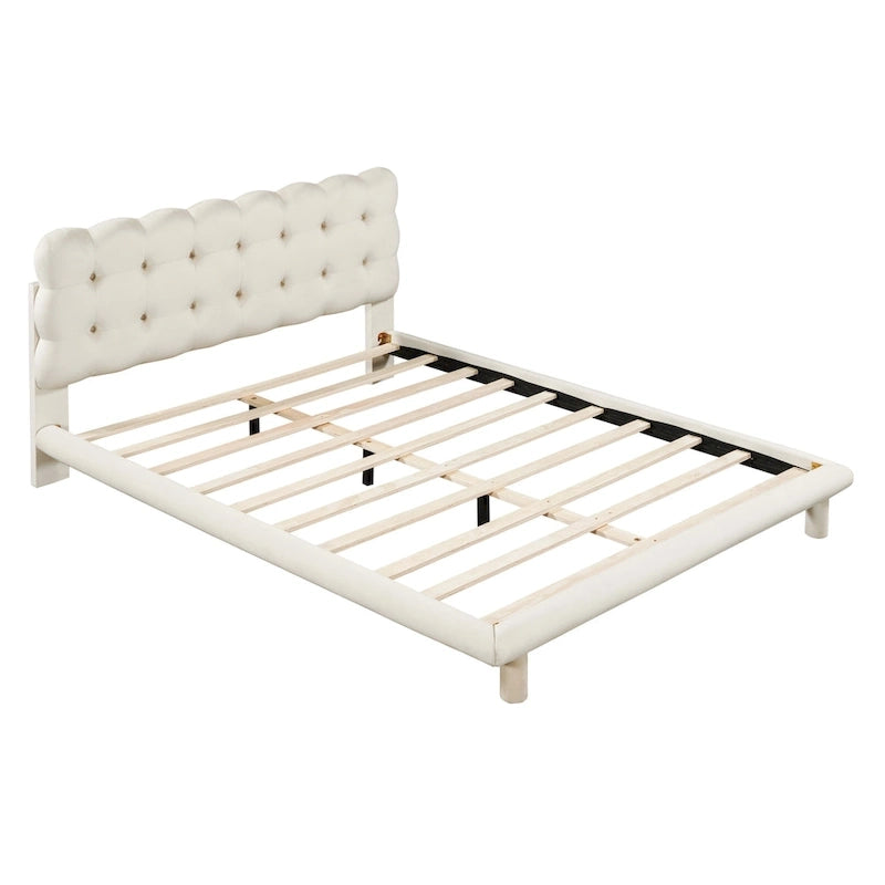Queen Size Velvet Upholstered Platform Bed Frame with LED Light & Biscuit Headboard