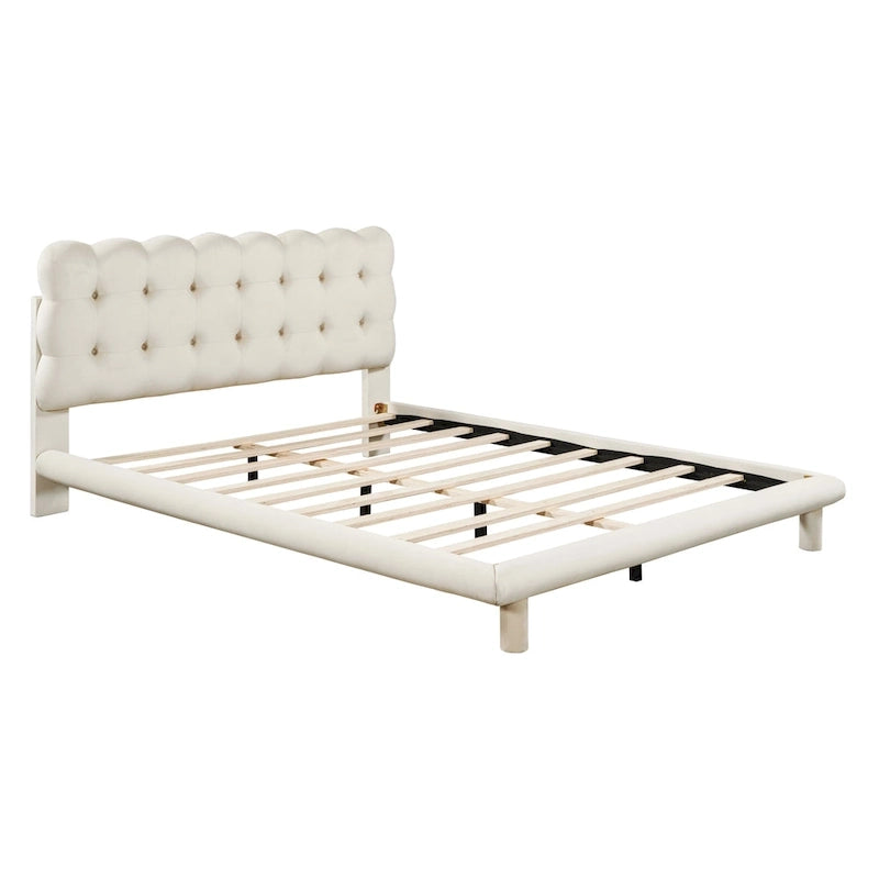 Queen Size Velvet Upholstered Platform Bed Frame with LED Light & Biscuit Headboard