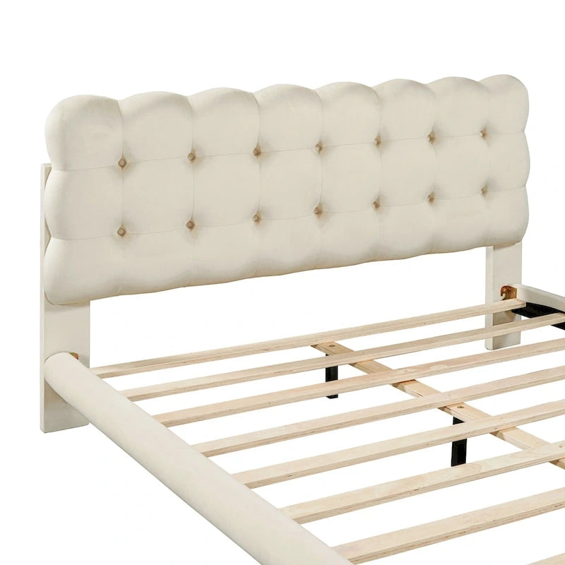 Queen Size Velvet Upholstered Platform Bed Frame with LED Light & Biscuit Headboard