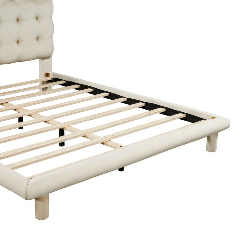 Queen Size Velvet Upholstered Platform Bed Frame with LED Light & Biscuit Headboard
