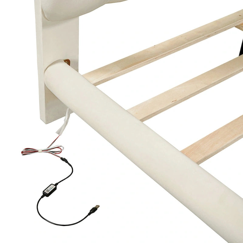 Queen Size Velvet Upholstered Platform Bed Frame with LED Light & Biscuit Headboard