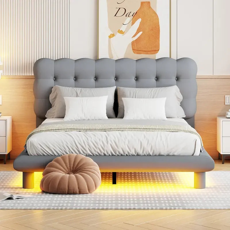 Queen Size Velvet Upholstered Platform Bed Frame with LED Light & Biscuit Headboard