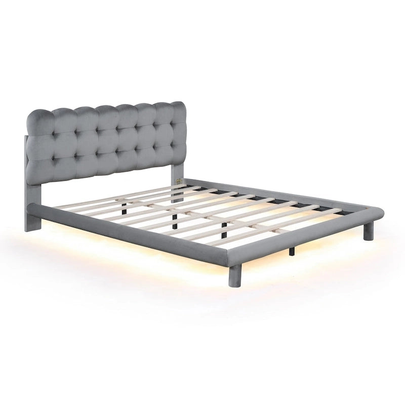 Queen Size Velvet Upholstered Platform Bed Frame with LED Light & Biscuit Headboard