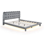 Queen Size Velvet Upholstered Platform Bed Frame with LED Light & Biscuit Headboard