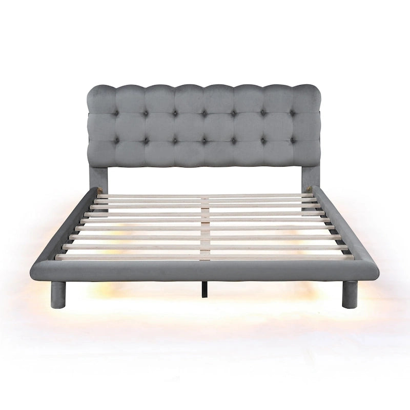 Queen Size Velvet Upholstered Platform Bed Frame with LED Light & Biscuit Headboard