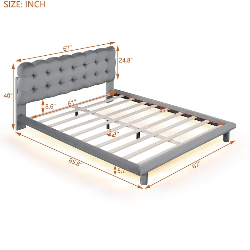 Queen Size Velvet Upholstered Platform Bed Frame with LED Light & Biscuit Headboard