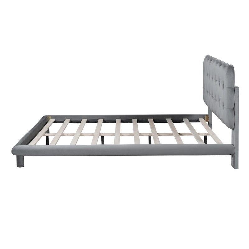 Queen Size Velvet Upholstered Platform Bed Frame with LED Light & Biscuit Headboard