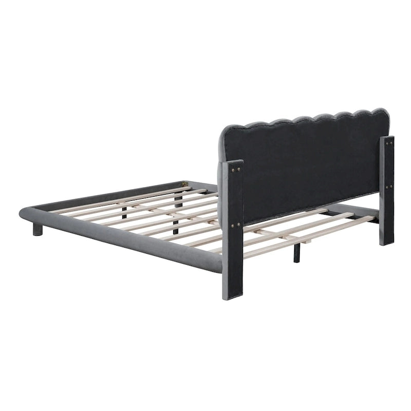 Queen Size Velvet Upholstered Platform Bed Frame with LED Light & Biscuit Headboard