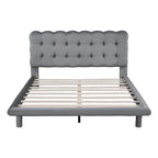 Queen Size Velvet Upholstered Platform Bed Frame with LED Light & Biscuit Headboard
