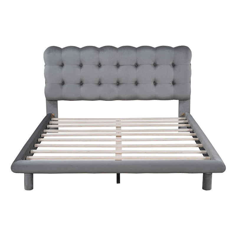 Queen Size Velvet Upholstered Platform Bed Frame with LED Light & Biscuit Headboard
