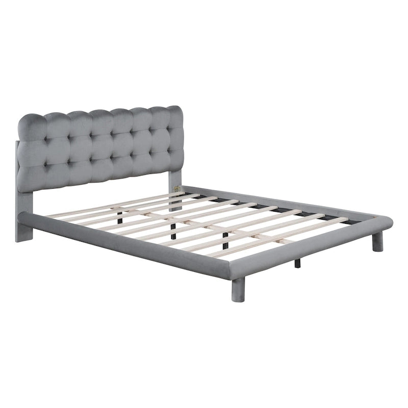 Queen Size Velvet Upholstered Platform Bed Frame with LED Light & Biscuit Headboard