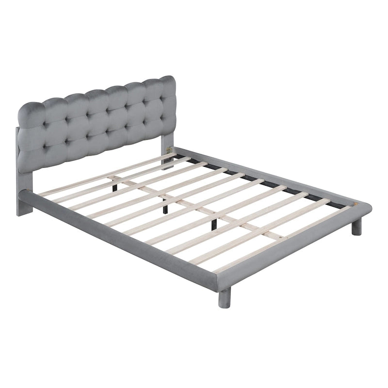 Queen Size Velvet Upholstered Platform Bed Frame with LED Light & Biscuit Headboard