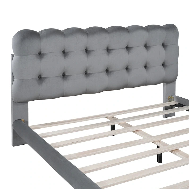 Queen Size Velvet Upholstered Platform Bed Frame with LED Light & Biscuit Headboard
