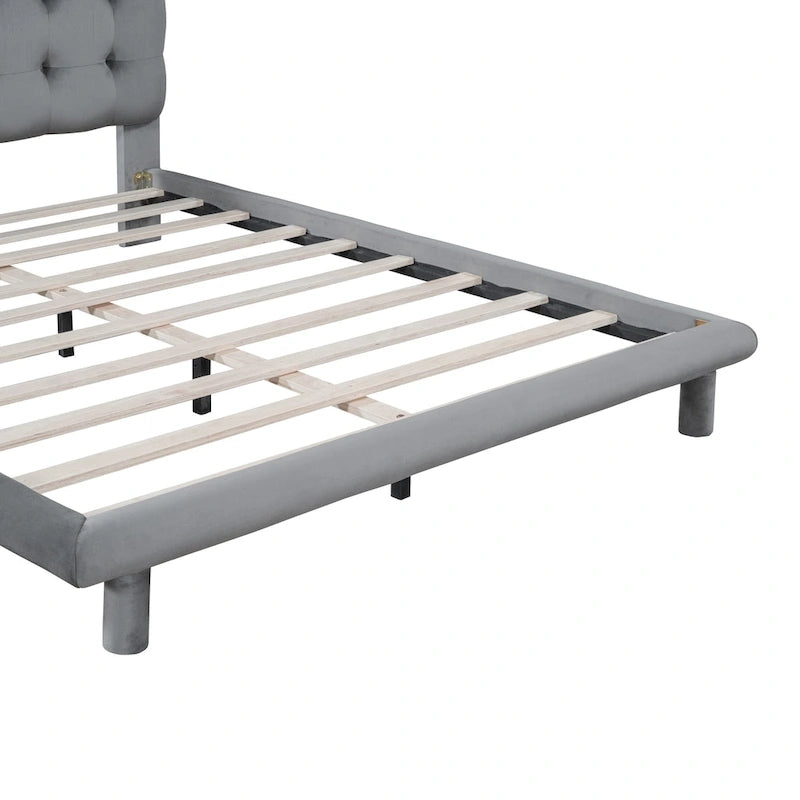 Queen Size Velvet Upholstered Platform Bed Frame with LED Light & Biscuit Headboard