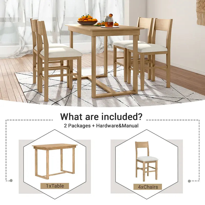 Set da pranzo marrone da 5 pezzi in stile rustico con tavolo ad altezza bancone e 4 sedie