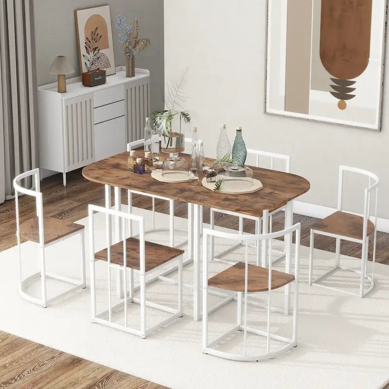 Set da pranzo moderno di 7 pezzi con struttura in metallo, tavolo semicircolare e 6 sedie