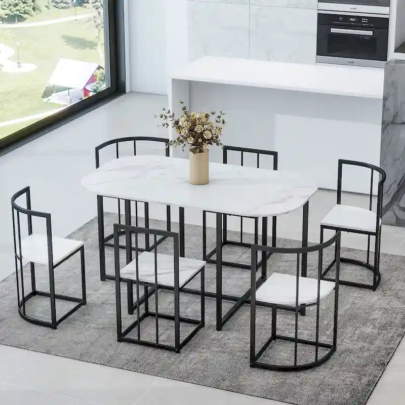 Set da pranzo moderno di 7 pezzi con struttura in metallo, tavolo semicircolare e 6 sedie