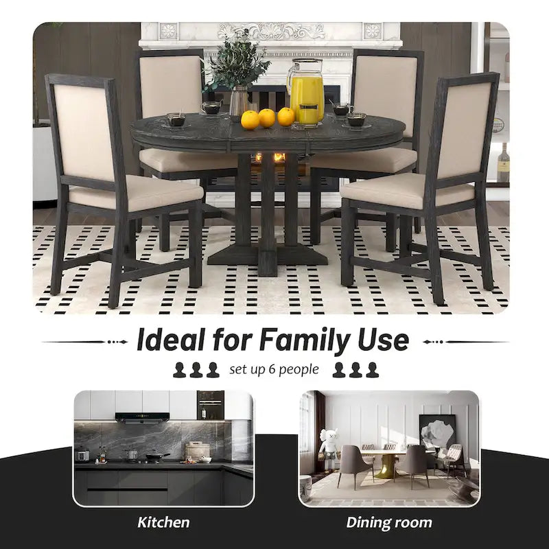 Black 5-Piece Wooden Dining Table Set with Extendable Round Table & 4 Chairs