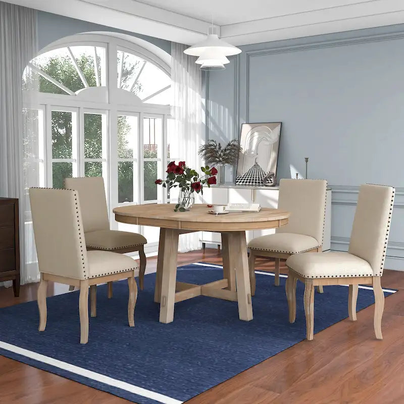 Set da pranzo di 5 pezzi in legno con tavolo rotondo allungabile e 4 sedie