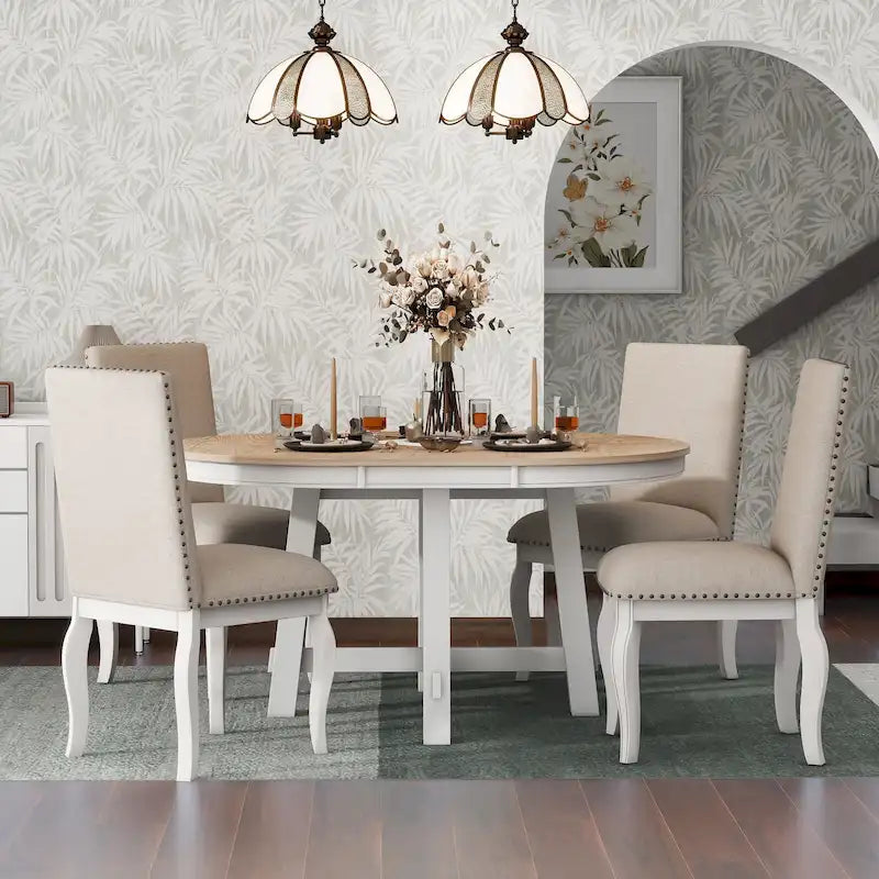 Set da pranzo di 5 pezzi in legno con tavolo rotondo allungabile e 4 sedie