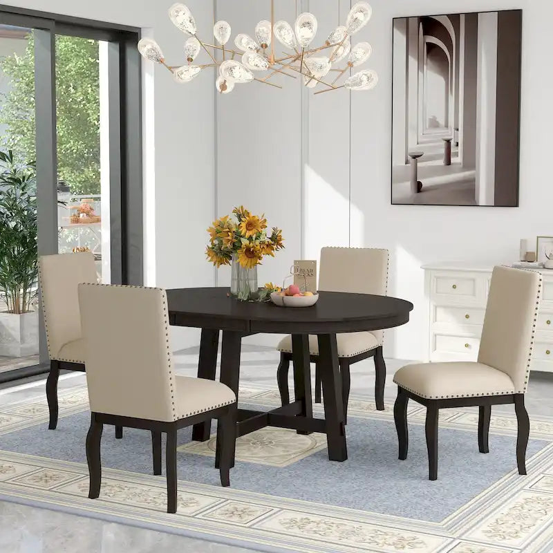 Set da pranzo di 5 pezzi in legno con tavolo rotondo allungabile e 4 sedie