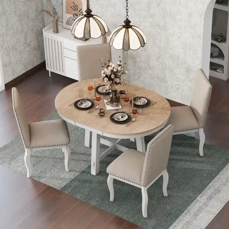 Set da pranzo di 5 pezzi in legno con tavolo rotondo allungabile e 4 sedie